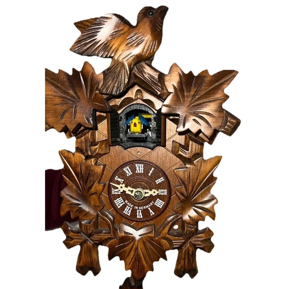 Vintage Mauthe German Cuckoo Clock NOS Black Forest Carved Wood Leaf Bird NIB